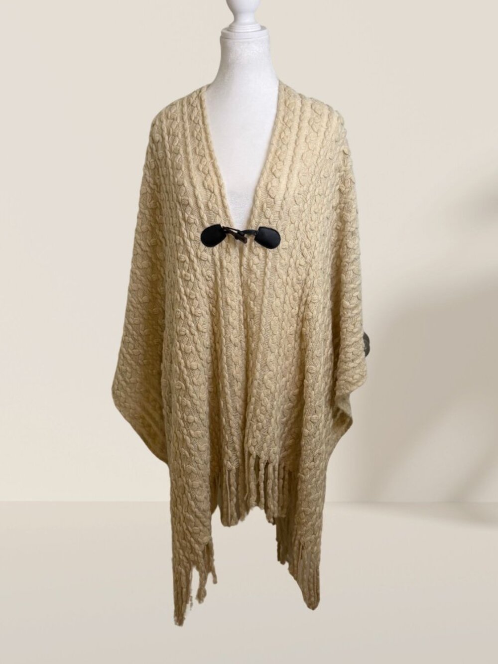 Cream Cable Knit Fringe Ruana Poncho Wrap Toggle Close OS | Cozy Boho Shawl